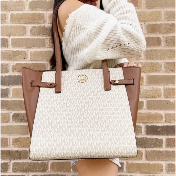 Michael Kors Handbags - Michael Kors Carmen North South Large Top Zip Tote Vanilla MK Signature